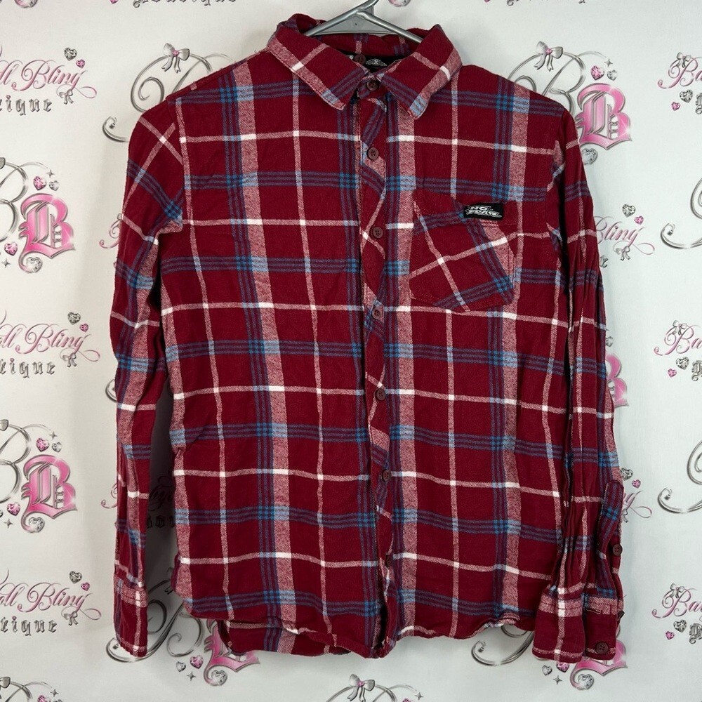 No fear button down shirt top Plaid Button-Down Kids Shirt in Red and Blue